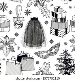 Christmas and new year fashion vector seamless pattern. Holidays illustration with gift boxes and Christmas tree plant, mask, shopping bags and party skirt. Black and white. Sketch style.