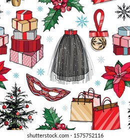 Christmas and new year fashion vector seamless pattern. Holidays illustration with gift boxes and Christmas tree plant, mask, shopping bags and party skirt. Sketch style.