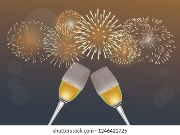 Christmas and New year festival celebration concept with fireworks in golden tone and splashing champagne wine and glass