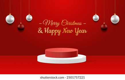 Christmas And New Year Festive Advertising Background With Product Podium. cylinder podium display or showcase mockup for product in red background. space for text. vector illustration