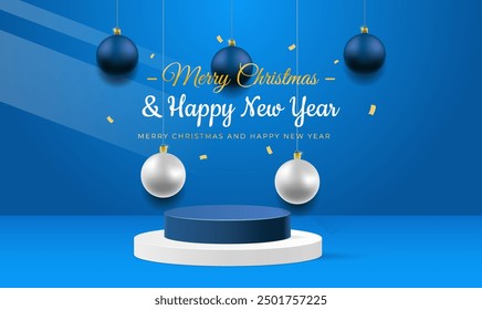 Christmas And New Year Festive Advertising Background With Product Podium. cylinder podium display or showcase mockup for product in blue background. space for text. vector illustration