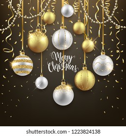 Christmas and New Year festive background design, decorative gold balls with confetti, vector illustration