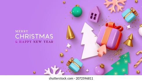 Christmas and New Year festive background with realistic 3d Xmas decorations. Holiday banner, web poster, page for website. Top flat lay. Gift card. Colorful seasonal composition. Vector illustration