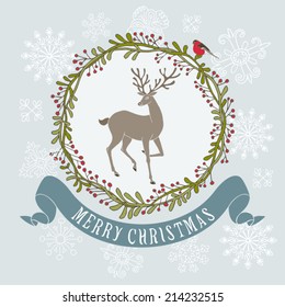 Christmas and New Year festive background, xmas greeting card with deer and wreath, winter wallpaper, artistic, fantasy vector holiday invitation for design