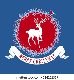 Christmas and New Year festive background, xmas greeting card with deer and wreath, winter wallpaper, artistic, fantasy vector holiday invitation for design