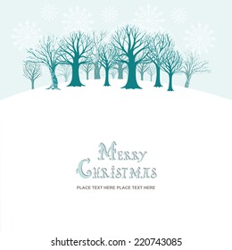 Christmas and New Year festive background, xmas greeting card with winter forest, trees in the snow, winter wallpaper, fantasy vector holiday invitation for design