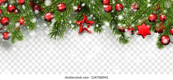 Christmas and New Year festive banner with fir branches, holly berries, snow and red stars. Vector transparent background.