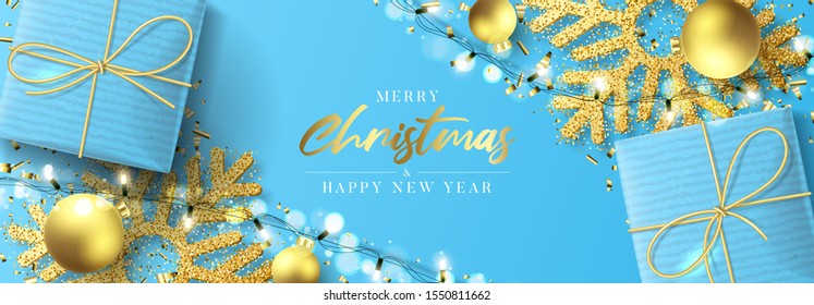 Christmas and New Year festive banner. Holiday background with realistic blue gift boxes, gold snowflakes and sparkling light garlands. Vector illustration with Christmas balls and golden confetti.