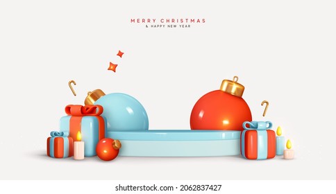 Christmas and New Year festive blue round podium studio with realistic 3d bauble balls, gift box. Modern Creative holiday template. Xmas winter composition. Banner and web poster, cover and brochure