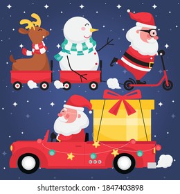 Christmas and new year festive collection feature picture set of santa claus with reindeer, snowman, red cart and gift on a car with dark blue background