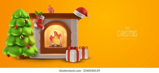 Christmas or new year festive composition in 3d realistic style. Fireplace with xmas tree, santa hat, candles and gifts. Cartoon modern illustration.