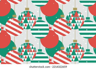 Christmas and New Year festive design with seamless pattern made of triangle firs, Christmas balls in green, red, white colors and falling snow. Winter Xmas holiday decoration. Vector illustration.