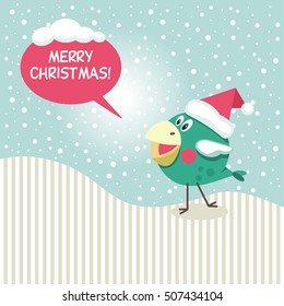 Christmas and New year. Festive design. Jolly green bird in Christmas hat.