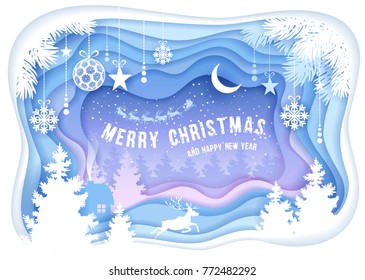 Christmas and New Year festive design. Paper cut and craft winter landscape with evergreen tree, house, reindeer, moon and christmas decor. Vector illustration.