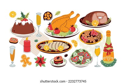 Christmas or New Year festive food set. Traditional winter holiday homemade meal. Festive dishes for Xmas party. Turkey, desserts, gingerbread. Flat vector illustration isolated on white background