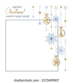 Christmas. New Year. Festive frame with toys, angels, spruce, snowflakes, stars. Background, garland, decoration for greeting. Happy winter holidays. Vector illustration on a white background.