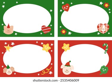 Christmas and New Year festive frames with puppy, cat, party hat, red heart, candy cane, star, clover leaf for winter decoration, cartoon, stickers, background, wallpaper, campaign banner, ad template