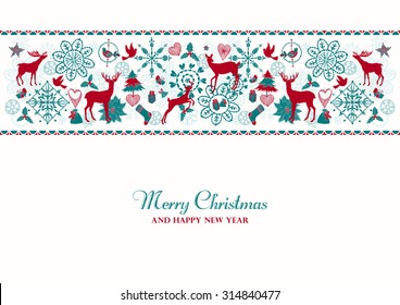 Christmas and New Year festive greeting card, vintage and retro style with Christmas symbols, creative elements, Christmas decorations and holiday icons for creative page design