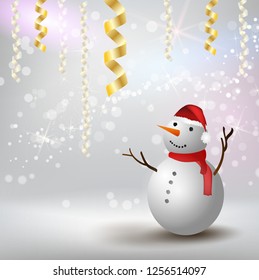 Christmas and New year festive holiday background with snowman with red hat and scarf. Template for holiday background