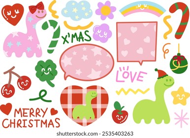 Christmas and New Year festive illustrations with dinosaur, Santa hat, candy cane, clover leaf, cherry, text bubbles, ornaments, red heart for winter decoration, cartoon character, mascot, stickers