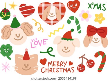 Christmas and New Year festive illustrations with puppy, party hat, candy cane, clover leaf, cherry, red heart for winter decoration, dog cartoon, mascot, stickers, pet shop, vet, animal costume, card