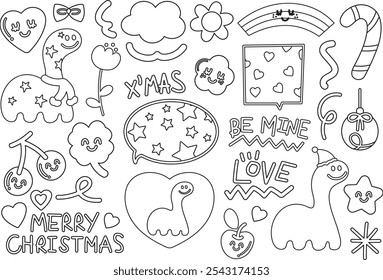 Christmas and New Year festive outlines with dinosaur, Santa hat, candy cane, clover leaf, cherry, text bubbles, ornaments, red heart for winter decoration, cartoon characters, kid colouring book, art