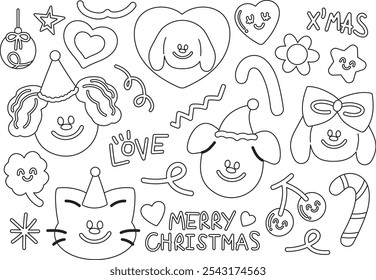 Christmas and New Year festive outlines with puppy, party hat, candy cane, clover leaf, cherry, red heart for winter decoration, dog cartoon, mascot, stickers, pet, kid colouring book, painting, art