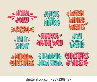 Christmas and New Year Festive Phrases in Retro Style. Vector Hand Lettering of Xmas Quotes. Greeting Card with Hand Written Slogan.