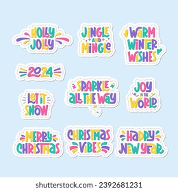 Christmas and New Year Festive Phrases Stickers. Vector Hand Lettering of Xmas Quotes. Card with Hand Written Sticky Slogan.