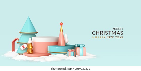 Christmas and New Year festive pink and blue round podium studio with realistic 3d cone tree, gift box. Modern Creative holiday template. Xmas winter composition. Banner and web poster, cover brochure