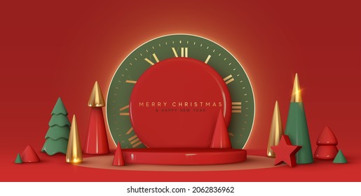 Christmas and New Year festive red round podium studio with realistic 3d cone trees, neon lights. Modern Creative holiday template. Xmas winter composition. Banner and web poster, cover and brochure