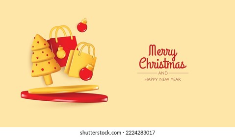 Christmas and New Year festive red background with round podium with realistic 3d balls, christmas trees, gift box, paper bag. Xmas winter composition. Banner and web poster, cover, brochure