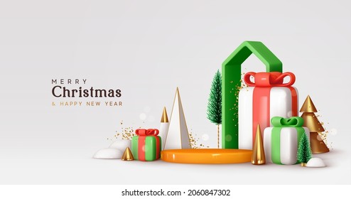 Christmas and New Year festive round podium studio. Realistic 3d design, cone trees, gift box and house. Creative holiday template. Xmas winter composition. Banner and web poster, cover, brochure