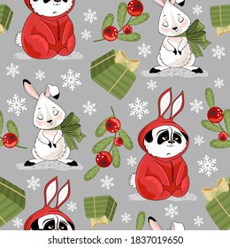 Christmas and New year festive seamless pattern for wrapping paper or fabric with different elemets. Cute Panda and Bunny Fashionable vintage style.
