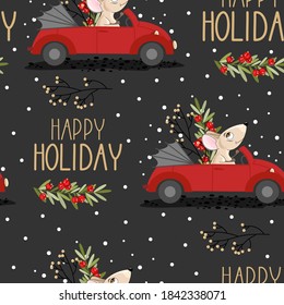 Christmas and New year festive seamless pattern for wrapping paper or fabric with different elemets. Mouse and Bunny. Fashionable vintage style