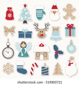 Christmas and new year festive stickers set. Gold and blue colors. Vintage. Santa Claus, angel, deer, house, snowman.