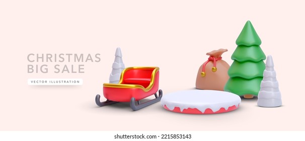 Christmas and New Year festive Template with 3d realistic sleigh, Christmas tree, bag with gifts.  Banner and web poster. Vector illustration
