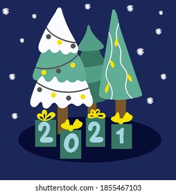 Christmas new year festive trees and gifts. 2021 new year card