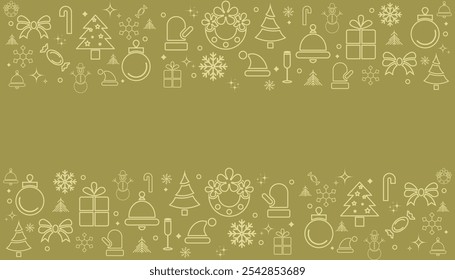 Natal e ano novo vetor festivo linha arte design sobre fundo luz. Flocos de neve temáticos de inverno, sino, presentes, estrela, design de luvas para decoração de Natal design de fundo.