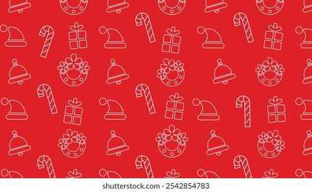 Christmas and new year festive vector line art design on red background. Winter themed snowflakes, bell, gifts, star, gloves design for christmas decorations background design.