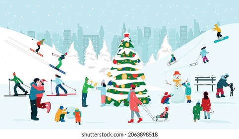 Christmas and New Year. Festive winter rest. People walk, children make snowmen, sleds, skis. Vector illustration.