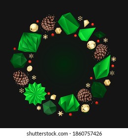 Christmas and New Year. Festive wreath from 3D paper forms, paper craft, cones, snowflakes, berries and sparkles. Template for creating a postcard.