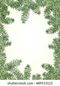 Christmas and New Year fir invitation card. Hand drawn fir branch border. Vector illustration on light background Winter holiday collection