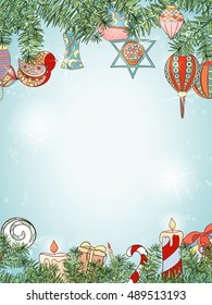 Christmas and New Year fir invitation card. Hand drawn fir branch border with balls candle present candy. Vector illustration on light background Winter holiday collection