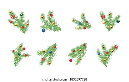 Christmas, New Year fir tree branches  isolated on  elegant background. Beautiful winter decoration set. Premium vector.