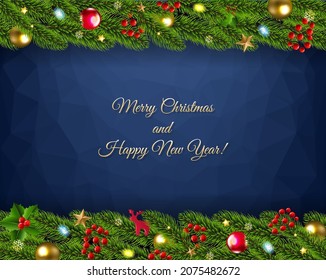 Christmas And New Year Fir Tree Garland With Toys And Ball With Gradient Mesh, Vector Illustration