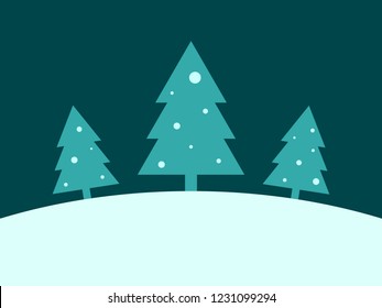 Christmas and New Year fir trees in the forest ay night post card. Turquoise