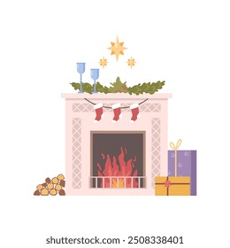 Christmas or New Year fireplace with burning fire, stack of paddles, gift boxes and glasses with wine. Firewood mantelpiece with stockings flat cartoon vector illustration. Home fire place