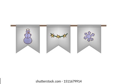 Christmas and new year flag garland. White decoration. Vector illustration. Snowman, snowflake, lights.