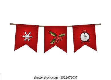 Christmas and new year flag garland. Red decoration. Vector illustration. Clock, holly and snowflake.